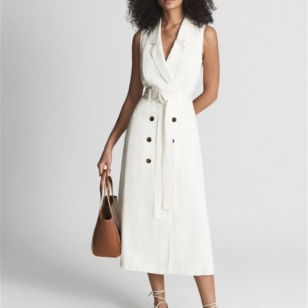 REISS OE Mariah Linen Belted Button Midi Dress in Ivory Size 10